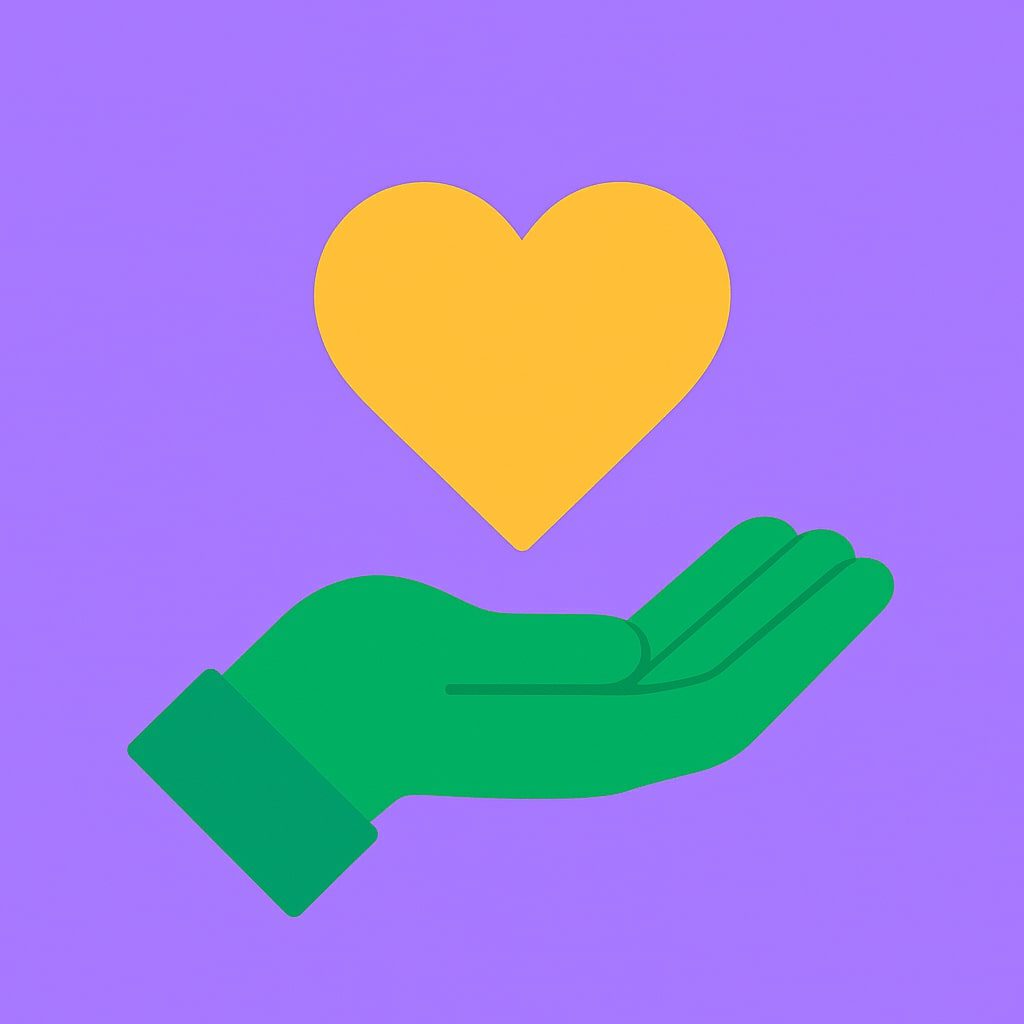 mano verde sosteniendo corazón dorado